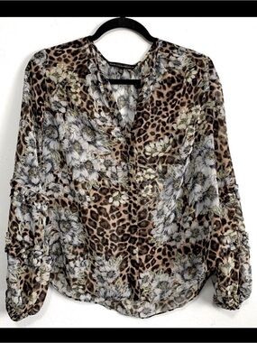 White House Black Market Floral & Animal Print   Lightweight Chiffon Blouse